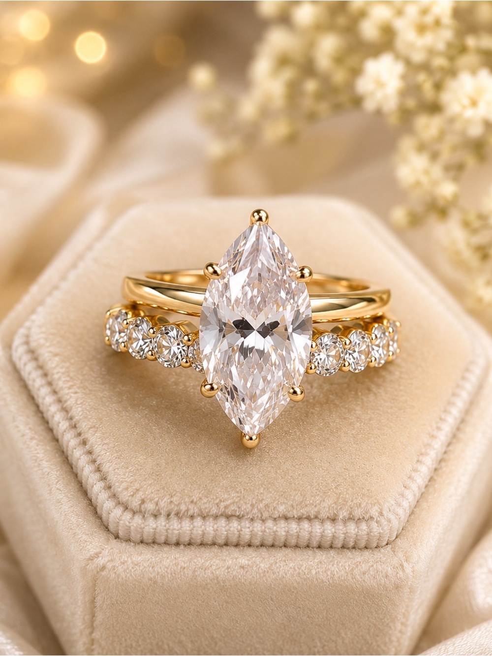 14K Gold Plated Marquise Cut Engagement Ring Set Size 8 CZ Bridal Ring